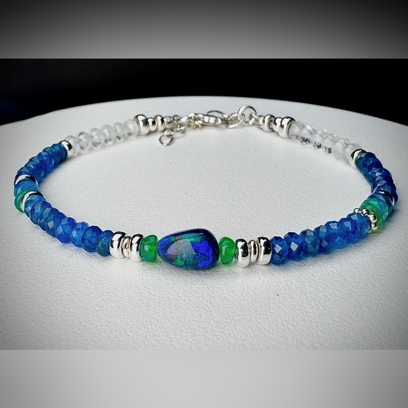 New Blue Welo Opal • Neon Blue Apatite • Moonstone • Sterling Silver Bracelet - Picture 1 of 8